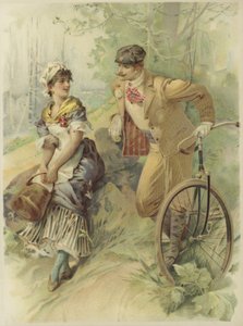 Mann auf Fahrrad macht einem Dienstmädchen Avancen