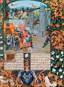 Manuskript, das eine Schlacht aus dem Hundertjährigen Krieg darstellt, 14. Jahrhundert