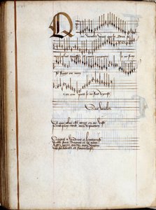 Manuskriptseite einer Sammlung französischer Liedpartituren. 15. Jahrhundert. Dijon, Stadtbibliothek von French School