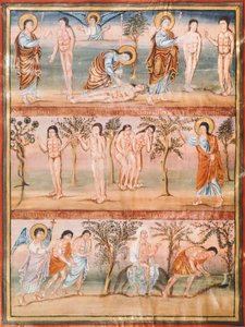 Manuskriptseite mit Episoden aus dem Leben von Adam und Eva: Erschaffung von Adam und Eva. Die Erbsünde. Vertreibung aus dem Paradies von French School