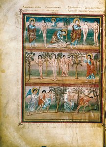 Manuskriptseite mit Episoden aus dem Leben von Adam und Eva: Erschaffung von Adam und Eva. Die Erbsünde. Vertreibung aus dem Paradies (Miniatur)