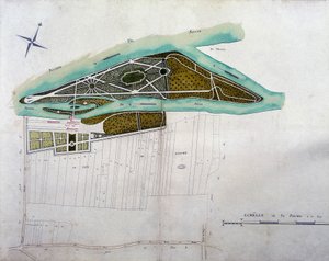 Karte des Gartens von Moulin Joly. Platte des Atlas der Pläne des Gebiets von Colombes (1780), aufbewahrt in den Nationalarchiven.