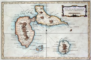 Karte der Insel Martinique, der Insel Saintes und der Insel Marie Galante in den Westindischen Inseln. Gravur des 19. Jahrhunderts