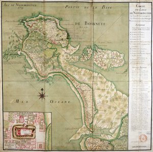 Karte der Insel Noirmoutier begleitet von einer Karte des Schlosses, erstellt 1769.