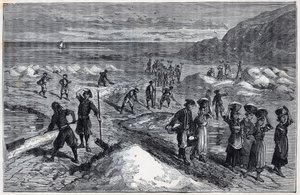 Salzgärten der Bretagne im 19. Jahrhundert - Kupferstich in „Wissenschaften für alle - Physik und Chemie“ von Alexis Clerc - Spätes 19. Jahrhundert - Private Sammlung von French School