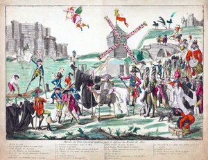 Marche du Dom Quichotte Moderne pour la Deffence du Moulin des Abus, veröffentlicht 1791 (handkolorierte Radierung) von French School