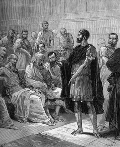 Marcus Atilius Regulus vor dem römischen Senat - Der römische Konsul Marcus Atilius Regulus vor dem römischen Senat - in „Popular history of science, inventions and discoveries from the first centuries to the present day“ von Bitard Adolphe 1880 von French School