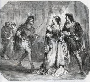 Margarete von Bayern, Herzogin von Burgund (1363-1423) und Königin Isabeau (Isabelle, Elisabeth) von Bayern (1371-1435) trennen Louis I. von Valois, Herzog von Orléans (1372-1407) und Jean Ohnefurcht, Herzog von Burgund (1371-1419), die um die Regierung kä