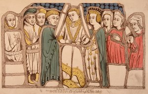 Hochzeit von Heinrich VI. von England (1421 - 1471) und Margarita von Anjou (1429 - 1482) im Jahr 1445. Kupferstich von 1793. Bibl. der Künste Deco in Paris