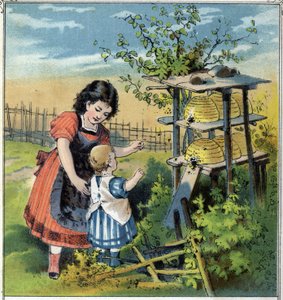 Martha zeigt ihrer kleinen Schwester die Arbeit der Bienen im Bienenstock. Chromolithographie aus „Kindheitsszenen“, ed. Guerin - Muller um 1885. von French School