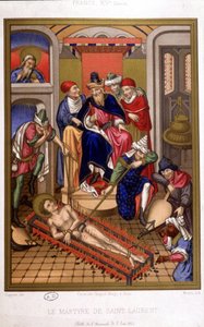 Martyrium des Heiligen Laurentius (Grill) nach einer Miniatur des Mittelalters, Frankreich 14. Jahrhundert. von French School