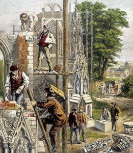 Maurer auf der Baustelle einer Kathedrale - in „Laden der kleinen Kinder“, „Die Berufe“, Hachette, um 1900 von French School