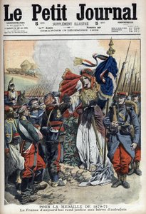 Medaille für Veteranen des Krieges von 1870-1871: Allegorie Frankreichs, die den Helden der Vergangenheit Gerechtigkeit widerfahren lässt - „Le Petit Journal“ vom 19. Dezember 1909 (Gravur) von French School
