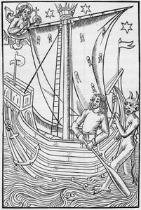 Handelsschiff des Mittelalters inmitten der Gefahren des Meeres. Gravur in „La Marine et les colonies: commerce“ von French School
