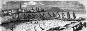 Meteorologisches Phänomen: Austrocknung des Rheins im Jahr 1858. Ansicht der Kehler Brücke (Deutschland), aufgenommen flussabwärts von der französischen Küste. Gravur in „Le Monde Illustré“ Nr. 50 vom 27. März 1858