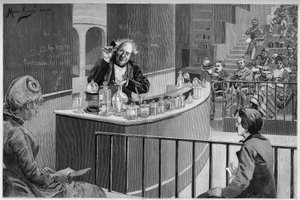 Michel Eugene Chevreul (1786-1889) gibt seinen Chemiekurs im Amphitheater des Naturhistorischen Museums in Paris, in „Die illustrierte Welt“ 1886