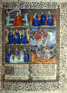 Miniatur, die das Himmelreich vor der Schöpfung darstellt: Sapientia, die Dreifaltigkeit und die Vertreibung Luzifers aus dem Himmel, ca. 1410 von French School