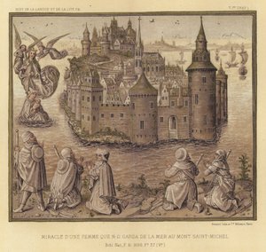 Wunder einer Frau, die von N-D vor dem Meer am Mont Saint-Michel bewahrt wurde (Farblithographie) von French School