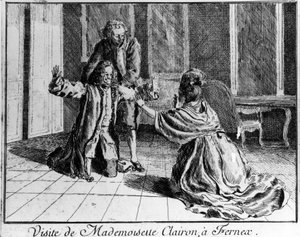 Mademoiselle Clairon (Josephe Leris de La Tude genannt Mademoiselle Clairon) (1723-1803), französische Schauspielerin, besuchte Ferney bei Voltaire. Gravur aus dem 18. Jahrhundert.