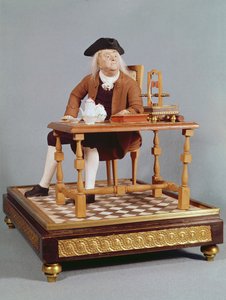 Modell von Benjamin Franklin (1706-90) an seinem Tisch, spätes 18. Jahrhundert