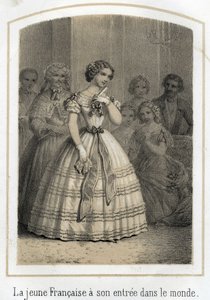 Mondanität: Die junge Französin macht ihren Eintritt in die Welt. Sie wird von allen bewundert. Anonyme Gravur des 19. Jahrhunderts von French School
