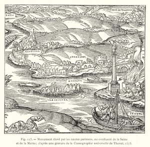 Denkmal errichtet von den Pariser Nautes, am Zusammenfluss von Seine und Marne; nach einem Stich aus der Cosmographie universelle von Thevet; 1575 (Gravur) von French School