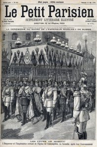 Feiern in Moskau: Kaiser Nikolaus II. von Russland (1868 -1918) und Kaiserin Alexandra Fjodorowna Romanowa (1872-1918) verlassen die Mariä-Entschlafens-Kathedrale im Moskauer Kreml nach ihrer Krönung am 14. Mai von French School