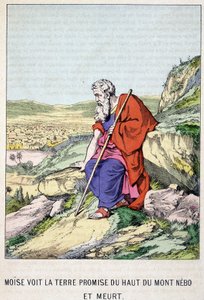 Moses sieht das gelobte Land vom Gipfel des Berges Nebo und stirbt - in „Das Leben des Moses“, hrsg. Olivier Pinot, Epinal, Ende des 19. Jahrhunderts von French School