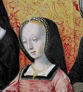 Der Autor überreicht sein Buch an Anne von Bretagne (Detail) von French School