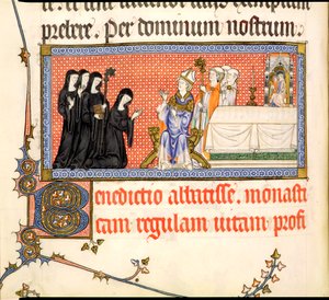 Die Präsentation einer Äbtissin, aus dem Metz Pontifikale, geschrieben für Raymond Bar, Bischof von Metz, 1302-16 von French School