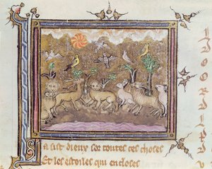 Ms 1044 fol.18 Die Erschaffung der Tiere, aus Ovide Moralise geschrieben von Chretien Legouais