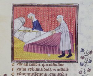 Ms 1130 fol.83r Keuschheit und Armut machen ein Bett, aus Le Roman des Trois Pelerinages von Guillaume de Digulleville von French School