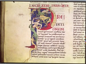 Ms 173 Historisierte Initiale P mit Zentauren, Drachen und Monstern, aus Moralia in Job von Papst Gregor dem Großen