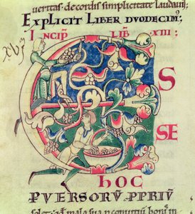 Ms 173 f.32 Historisierte Initiale E, die die Weinlese darstellt, aus Moralia in Job von Papst Gregor dem Großen