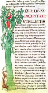 Ms 173 f.41 Historisierte Initiale I, die einen Mönch und einen Laien zeigt, die einen Baum fällen und beschneiden, aus Moralia in Job von Papst Gregor dem Großen