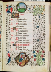 Ms 19 März: Widder und ein Mann, der Bäume fällt, aus einem Stundenbuch, frühes 15. Jahrhundert