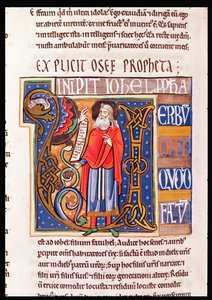 Ms 1 fol.193v Historisierte Initiale U darstellend Joel, aus der Souvigny-Bibel