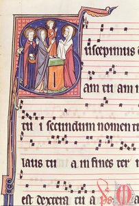 Ms 241 f.144 Historisierte Initiale S, die die Darstellung Jesu im Tempel zeigt, aus dem Antiphonar zur Weihe der Abteikirche von Vauclair, 1257 von French School
