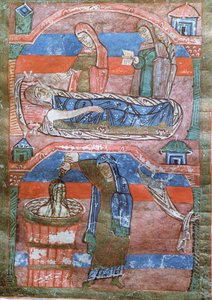 Ms 250 Wassersüchtige Frau geheilt durch die Bäder von St. Radegund, aus Das Leben von St. Radegund von French School