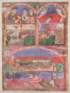 St. Radegund (518-87) am Tisch von Clothar I (497-561), in ihrem Oratorium und zu Füßen des königlichen Bettes, aus dem Leben der St. Radegund