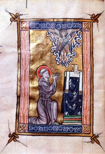 Ms 280 St. Franziskus von Assisi empfängt die Stigmata von Christus in Form eines Seraphim, aus einem Psalter, ca. 1270