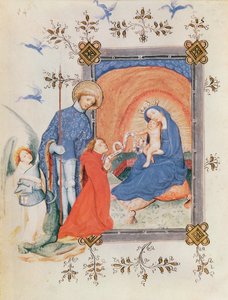Ms 3024 fol.12v Jungfrau und Kind mit einem knienden Mann und St. Georg, aus einem Stundenbuch