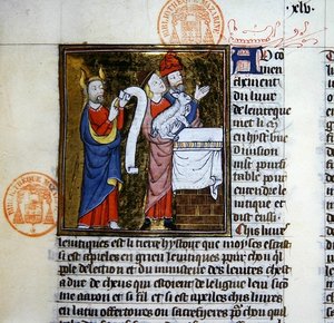 Ms 312 Moses opfert das Passahlamm, Miniatur aus der Bible Historiale von Guyart des Moulins von French School