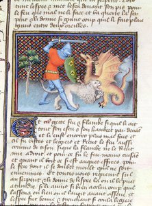 Ms 3480 Yvain, der Ritter mit dem Löwen, kämpft gegen einen Drachen, Miniatur aus Roman de Lancelot