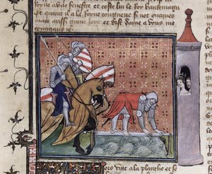 Ms 3480 fol.77 Lancelot überquert die Schwertbrücke, aus dem Livre de Messire Lancelot du Lac von French School