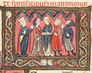 Ms 364 fol.166 Eine Hochzeit, Illustration aus den Kommentaren von Johannes Andreae zu den päpstlichen Dekretalen