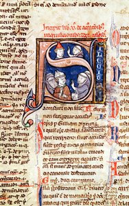 Ms 365 fol.350 Historisierte Initiale S, die Papst Gregor IX (1220-50) mit Bischöfen und Äbten darstellt, aus den Dekretalen von Gregor IX