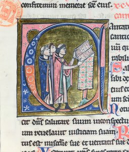 Ms 36 Historisierte Initiale C, die einen Mönch zeigt, der ein Messbuch liest, aus einer lateinischen Bibel