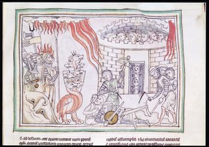 Ms 422 Fol.95r Das himmlische Feuer zerstört die Armee Satans, Szene aus der Apokalypse von French School