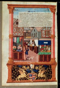 Ms 5062 fol.149v Eine Straße mit Geschäften und dem Wappen von Robert Stuart, Marschall von d